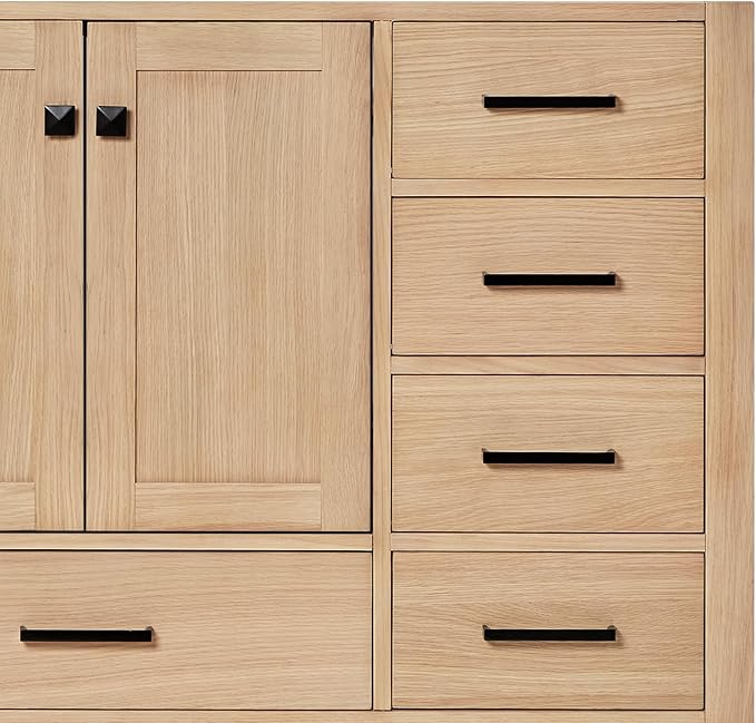 ARIEL Cambridge 54-inch Bathroom Vanity Base Cabinet,Solid Wood, 2 Soft Closing Doors, 9 Dovetail Drawers, White Oak