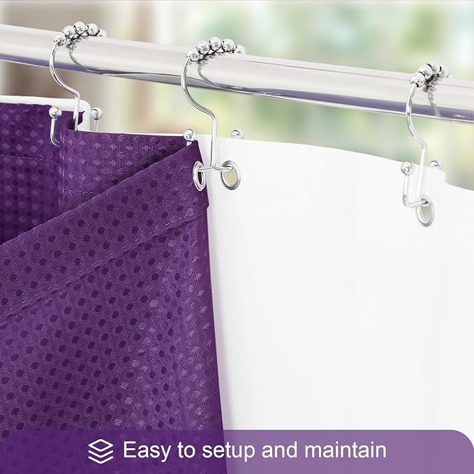 3 in 1 Purple Shower Curtain with PEVA Liner, 12 Hooks, 72x72 | Luxury Weighted Fabric Shower Curtain Set, 12 Stainless Steel Double-Sided Hooks, Water Repellent, Bathroom Decor