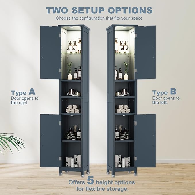 67" Tall Bathroom Storage Cabinet with Lights, Slim Narrow Bathroom Cabinet Organizer with Doors and Adjustable Shelves, Tall Cabinet for Small Space (66.9" Tall-Blue with Light)