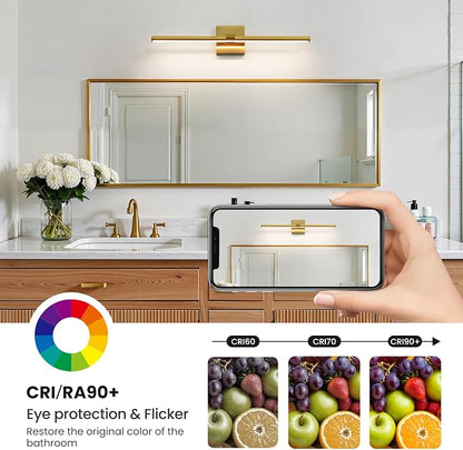 Gold LED Bathroom Vanity Light 24 Inch 18W Dimmable 5CCT Bathroom Lighting Fixtures Over Mirror Modern Brushed Gold Vanity Lights Bar for Bathroom Mirror Cabinets Bedroom