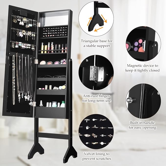 Moccha 18 LEDs Standing Jewelry Armoire, Large Lockable Jewelry Organizer, Mirrored Jewelry Cabinet with Full Length Mirror, 1 Inside Makeup Mirror, 4 Storage Shelves, 16 Lipstick Holders, Black