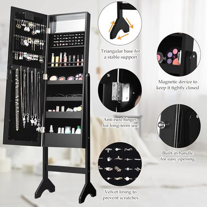 Moccha 18 LEDs Standing Jewelry Armoire, Large Lockable Jewelry Organizer, Mirrored Jewelry Cabinet with Full Length Mirror, 1 Inside Makeup Mirror, 4 Storage Shelves, 16 Lipstick Holders, Black
