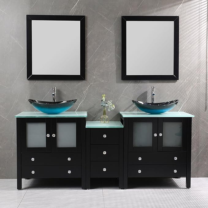 76" Freestanding Wooden Modern Bathroom Vanity with Double Vessel Sink Set Bathroom Mirror Included (Black, Art Sink)