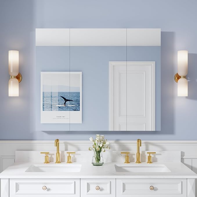 44" x 36" Bathroom Medicine Cabinet with Mirror, Anodized Chrome Aluminum Frame, Surface Mount or Recessed Medicine Cabinet with Mirror, Bathroom Mirror with Storage, Three Doors