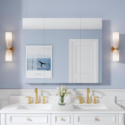44" x 36" Bathroom Medicine Cabinet with Mirror, Anodized Chrome Aluminum Frame, Surface Mount or Recessed Medicine Cabinet with Mirror, Bathroom Mirror with Storage, Three Doors