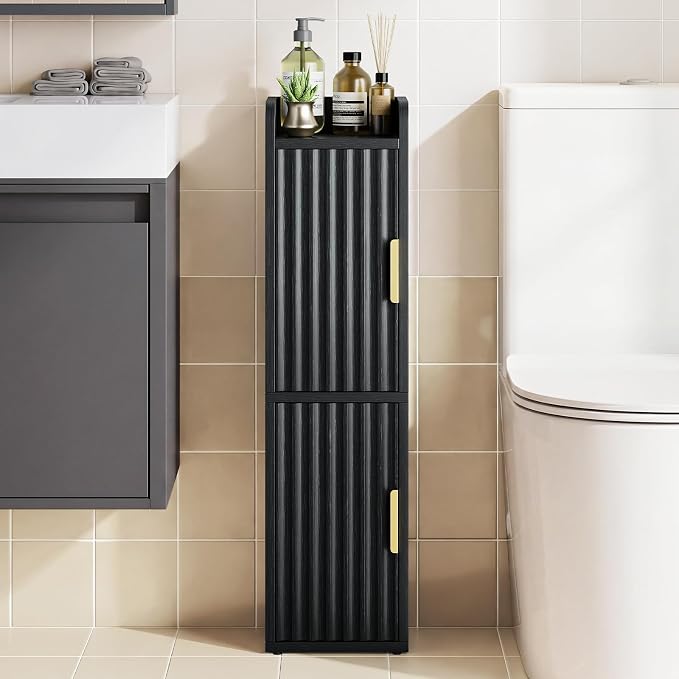 Yoobure Small Bathroom Storage Cabinet - Corner Floor Cabinet with 2 Doors & Adjustable Shelves, Narrow Slim Toilet Paper Cabinets, Skinny Bathroom Organizer for Small Space, 7.9" D x 7.9" W, Black