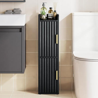 Yoobure Small Bathroom Storage Cabinet - Corner Floor Cabinet with 2 Doors & Adjustable Shelves, Narrow Slim Toilet Paper Cabinets, Skinny Bathroom Organizer for Small Space, 7.9" D x 7.9" W, Black