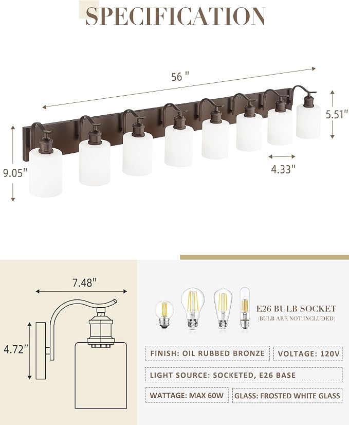 8-Light Bathroom Vanity Light,White Frosted Glass,Oil Rubbed Bronze | 56 Inch Over Mirror Wall Light,E26 sockets,for bathroom mirror,powder room,dressing area
