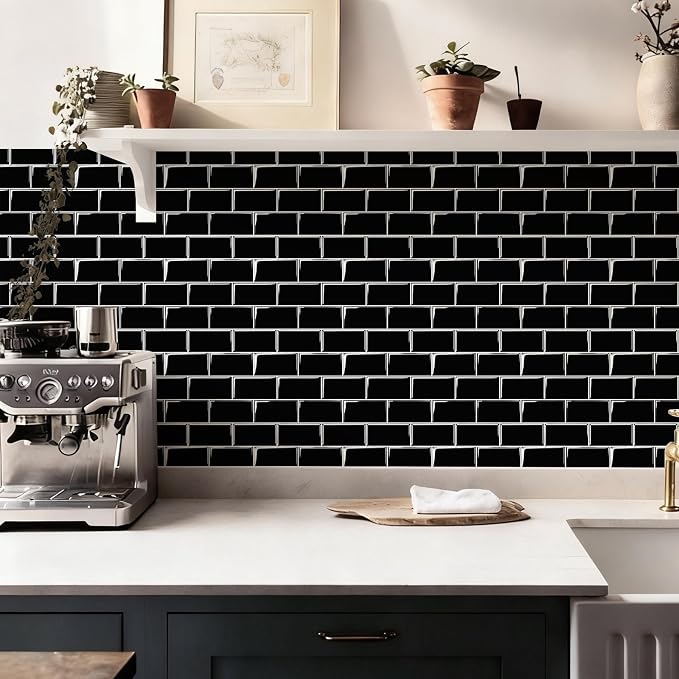 10 Sheets Thicker Peel and Stick Backsplash, Peel and Stick Tiles, Marble Look Wall Tiles Backsplash for Kitchen and Bathroom, Livingroom, 12"x9.8", Black