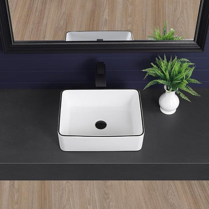 19"x15" Vessel Sink Bathroom Sink Rectangular Modern White with Black Trim Porcelain Ceramic Above Counter Vanity Sink for Bathrooms Art Basin