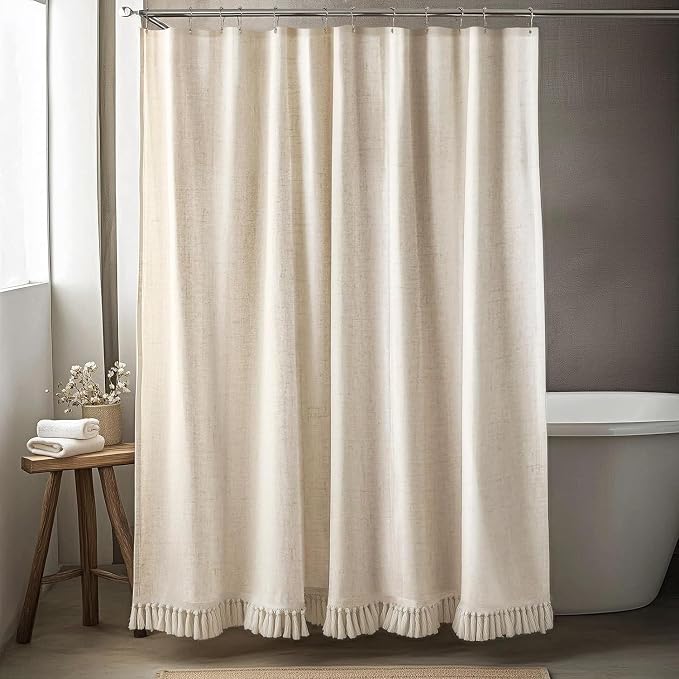 Linen Shower Curtain Boho Beige Shower Curtain with Tassels 60"W x 72"L | Thick linen-poly blend, soft textured drape, handcrafted fringe, neutral rustic farmhouse bathroom decor