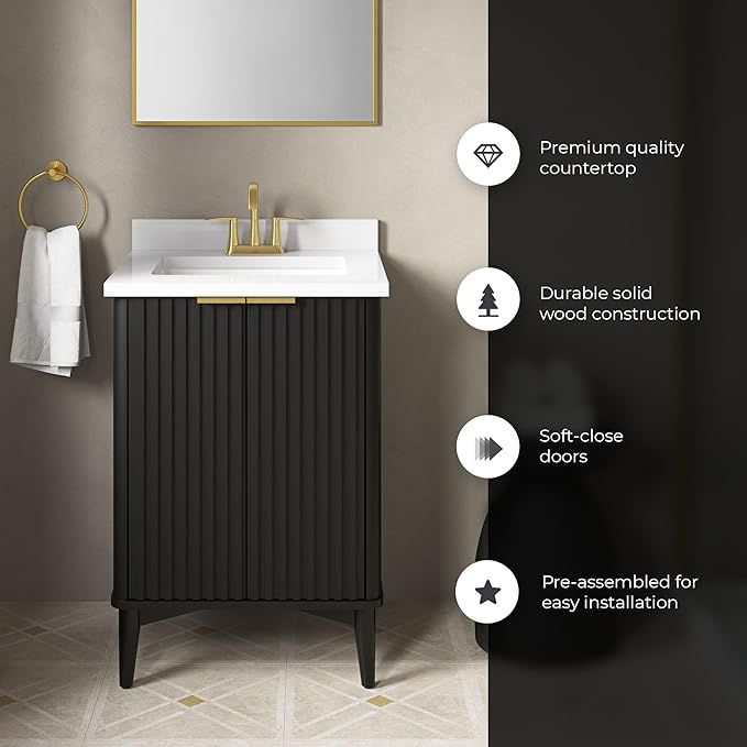 OVE Decors Indy 24 in. Undermount Single Sink Bathroom Vanity with White Engineered Marble Top, Onyx Black