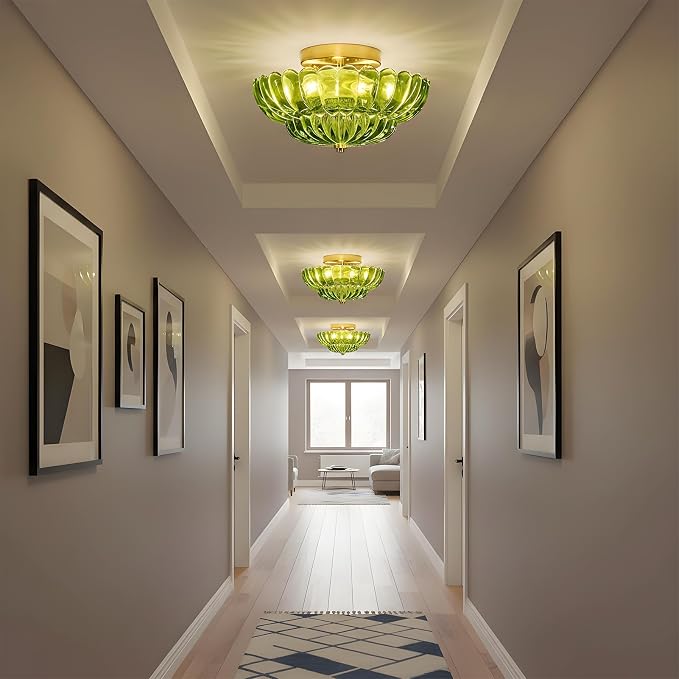 Green Glass Semi Flush Mount Ceiling Light Fixture,11.8 in,3-Lights | Flower Shape,Round Gold Base,Use E26 Bulb,Support Dimmable,for Hallway,Bedroom,Bathroom,Foyer,Closet,Entryway,Laundry Room