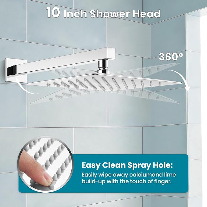 gotonovo Bathtub Shower Faucet Set, 10 Inch Shower Head, Polish Chrome | Wall Mounted Shower System with Tub Spout for Bathroom, Square High Pressure Rain Shower head with Handheld Spray, All Metal