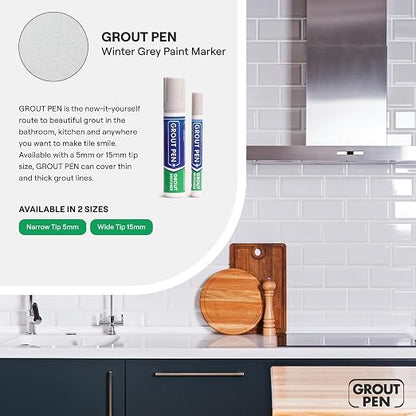 Grout Pen Winter Grey Tile Grout Paint Marker - 2 Pack w/Extra Tips (7mL) | Waterproof Grout Refresh Restorer for Kitchen & Bathroom, Tile Grout Colorant and Sealer Pens - Narrow Tip 5mm - Winter Grey