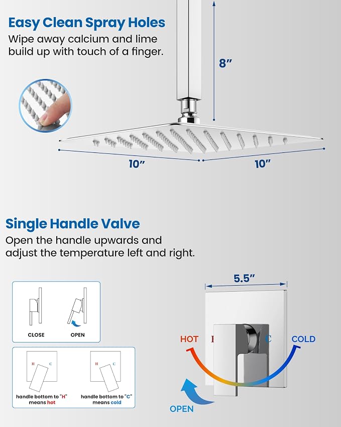 Airuida 10 Inch Chrome Polish Shower Faucet Set,Rainfall Shower System | Ceiling Shower Head,Male Thread Rough-in Valve,Ceiling Mount,Single Handle