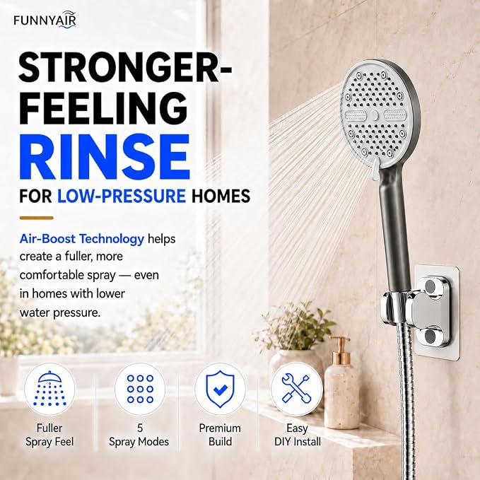 High Pressure Shower Head, Stick-on Low Mount Wall Bracket, Grey | 5 Spray Modes, Water-Saving, 360° Adjustable Bracket, For Low Water Pressure Home, RV, Bathroom, Fix Firmly Kid-Friendly