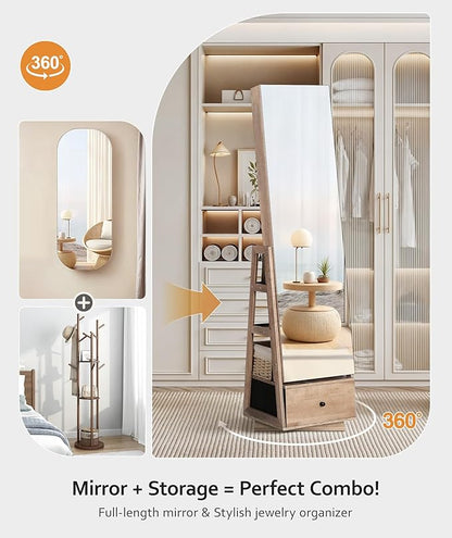 Nicetree 360° Swivel Jewelry Cabinet, Full Length Mirror, Lockable, Oak | Rotatable Jewelry Armoire Organizer, Standing Mirror with Storage, 3 Rear Shelves + Bottom Drawer, Gift Idea, Easy Assembly