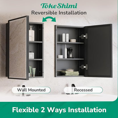 TokeShimi 20 x 26 Recessed Medicine Cabinet with Mirror Wall Mounted, Aluminum Alloy Black Medicine Cabinet Mirrored, Metal Beveled Mirror with Storage for Bathroom Vanity