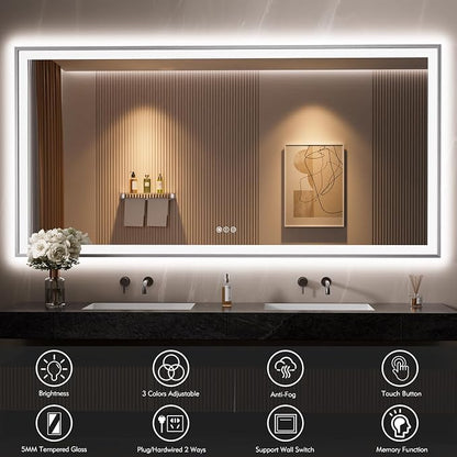 72x36 Inch LED Bathroom Mirror with Silver Frame | Silver Metal Frame, Front and Backlit, 3 Colors, Dimmable, Memory, Anti Fog, Tempered Glass, Lighted Mirror for Wall