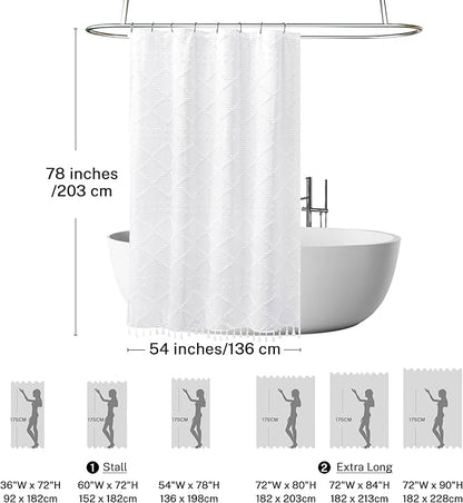 Extra Long Boho White Woven Fabric Shower Curtain with Tassels 54 x 78 Modern Farmhouse Minimalist, Tufted Chevron Striped Shabby Chic Textured, Water Resistant Cloth Curtain for Bathroom, Hotel Decor