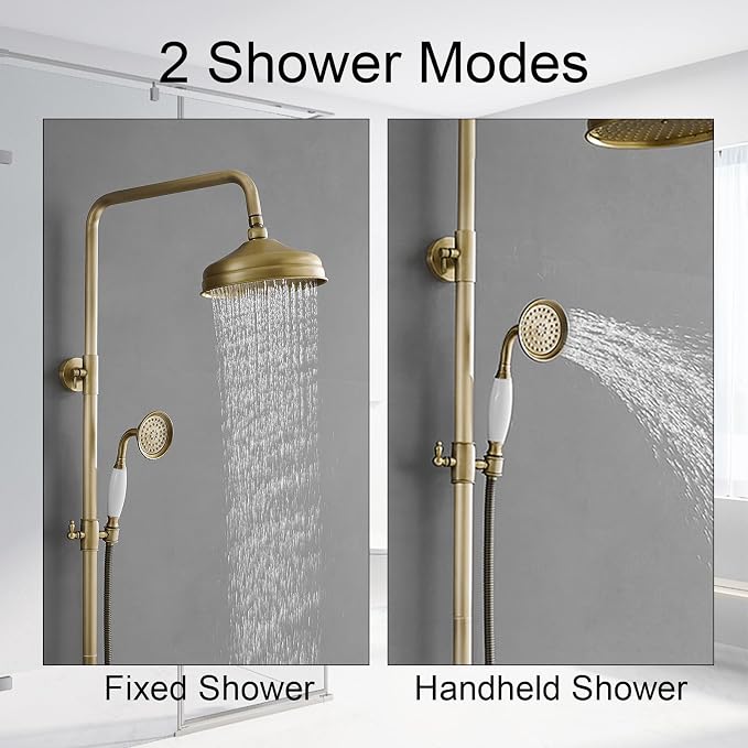Homevacious Antique Brass Outdoor Shower Kit Exposed Shower | 8 Inch High Pressure Rain Shower Head with Hand Spray Bathroom Shower Faucet System Double Knobs Cross Handle 3-function