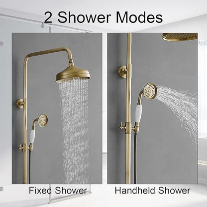 Homevacious Antique Brass Outdoor Shower Kit Exposed Shower | 8 Inch High Pressure Rain Shower Head with Hand Spray Bathroom Shower Faucet System Double Knobs Cross Handle 3-function