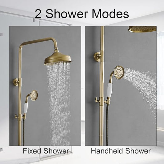 Homevacious Antique Brass Outdoor Shower Kit Exposed Shower | 8 Inch High Pressure Rain Shower Head with Hand Spray Bathroom Shower Faucet System Double Knobs Cross Handle 3-function