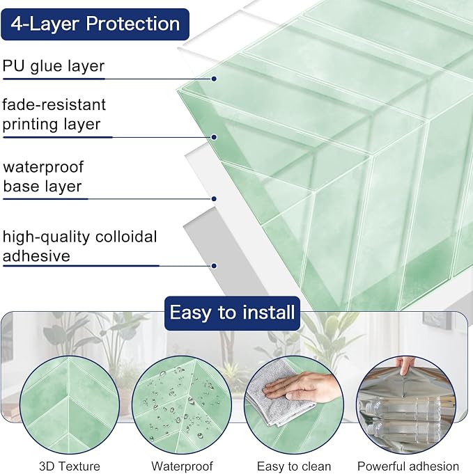 MORCART 10PCS 11.8"x11.8" Herringbone Peel and Stick Backsplash | Light Green, 3D Adhesive Waterproof Wall Tiles for Kitchen, Bathroom, Living Room, Laundry Room, Subway Tiles