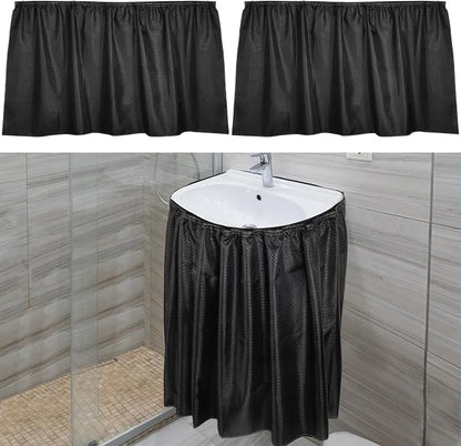 2 Pack Fabric Sink Skirt Diamond Bathroom Stitch Under Sink Skirt with Self Stick Adhesive Waterproof Fabric Under Sink Curtain Skirt for Extra Storage,Kitchen Sink Cover (Black,55 x 32Inch)