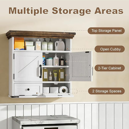 Bathroom Wall Cabinet, Farmhouse Medicine Cabinet with Door, 8.9"D x 25.6"W x 24.8"H, Wall Mounted Bathroom Cabinet with Adjustable Shelf, Wall Storage Cabinet for Laundry Room & Kitchen(White)