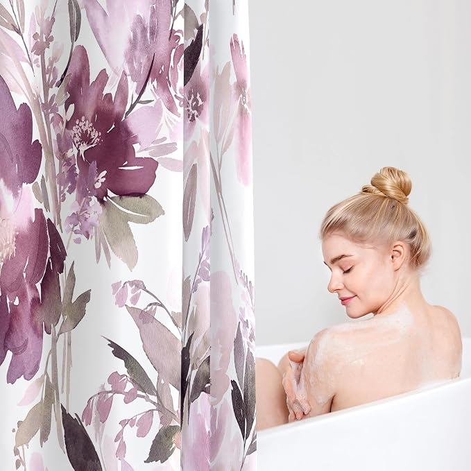 MAYZUS Floor to Ceiling Extra Long Flower Shower Curtain 72x96 Inch, Mauve | X-Long Tall Watercolor Floral Modern Abstract Bathroom Fabric Shower Curtain Set with Hooks