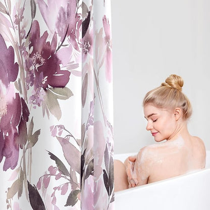 MAYZUS Extra Long Shower Curtain 72 x 84 Inch, Tall Mauve Floral Decor | Watercolor Floral Modern Abstract Flower Bathroom Fabric Shower Curtain Set with Hooks