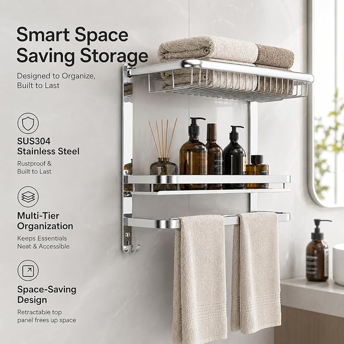 23 Inch Towel Rack for Bathroom with 3 Tier Shelf Double Bar Hook (Silvery) | 90 Degree Foldable Top Design, Wall Mounted Storage Shelf of 304 Stainless Steel, No Drill or Screw Installation