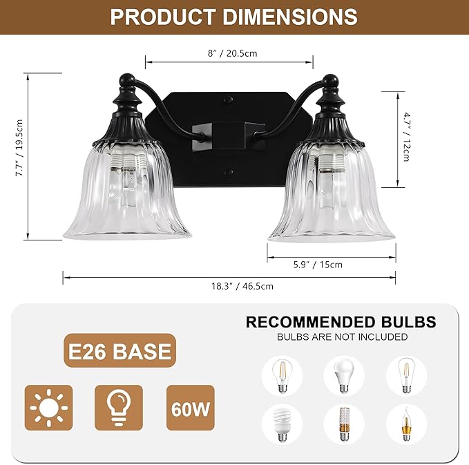 Black Vintage Bathroom Vanity Light Fixture, 2-Light Vanity Light for Bathroom, Antique Matte Black Finish with Crystal Glass Shade, Lighting Fixtures Over Mirror for Bedroom Living Room