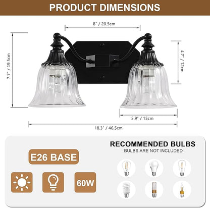 Black Vintage Bathroom Vanity Light Fixture, 2-Light Vanity Light for Bathroom, Antique Matte Black Finish with Crystal Glass Shade, Lighting Fixtures Over Mirror for Bedroom Living Room