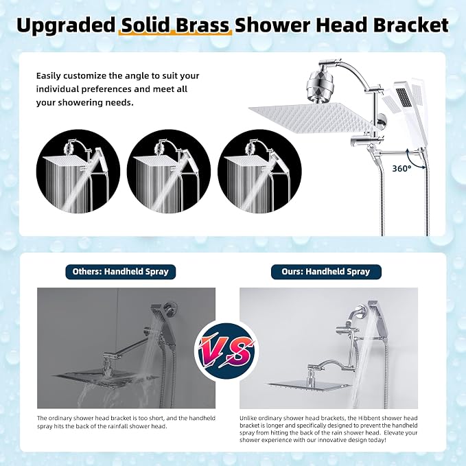 Hibbent All Metal 12'' Filtered Rainfall Shower Head with Handheld Combo, High Pressure Shower Wand, 16'' Adjustable Arc Extension Arm, 20 Stage Shower Filter, 71'' Hose, Shower Head Holder, Chrome