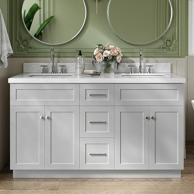 ARIEL Hamlet 60-inch Bathroom Vanity with Sink,Solid Wood, 1.5-inch Italian Carrara Marble Countertop & Backsplash, Double Rectangular Porcelain Sink, 4 Soft Closing Doors, 3 Dovetail Drawers, Grey