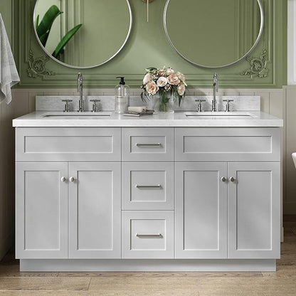 ARIEL Hamlet 60-inch Bathroom Vanity with Sink,Solid Wood, 1.5-inch Italian Carrara Marble Countertop & Backsplash, Double Rectangular Porcelain Sink, 4 Soft Closing Doors, 3 Dovetail Drawers, Grey