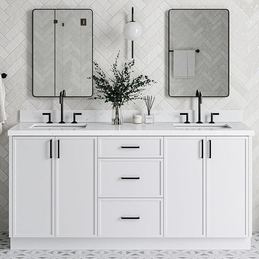 ARIEL Kelly 72-inch Bathroom Vanity with Sink,Solid Wood, 1.5-inch Carrara White Quartz Countertop & Backsplash, Double Rectangular Porcelain Sink, 4 Soft Closing Doors, 5 Dovetail Drawers, White