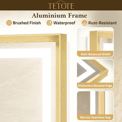 48 x 32 Bathroom LED Mirror Brushed Gold Metal Frame Frontlit & Backlit Vanity Mirror Stepless Dimmable Anti-Fog 3 Colors White/Warm/Natural Light up Vanity Wall-Mounted
