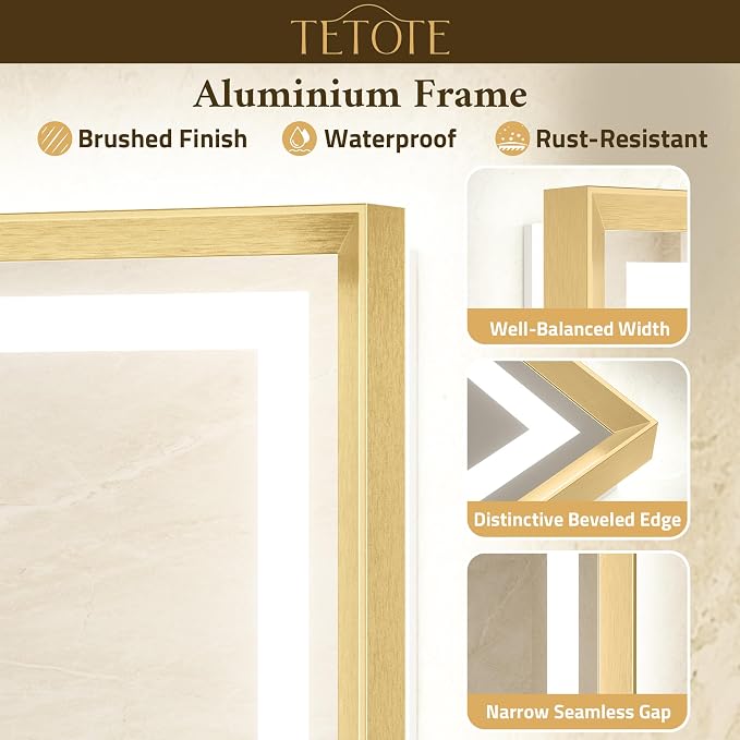 24 x 36 Bathroom LED Mirror Brushed Gold Metal Frame Frontlit & Backlit Vanity Mirror Anti-Fog Stepless Dimmable 3 Colors White/Warm/Natural Mirror with Lights Wall-Mounted