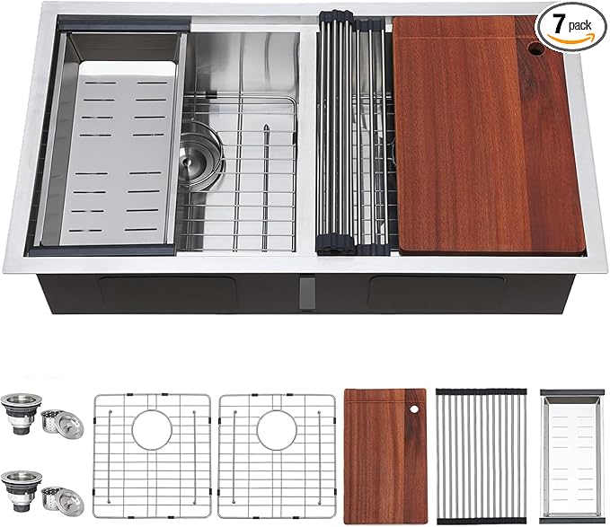 COMLLEN 33 Inch Double Bowl Undermount Kitchen Sink,33x19 Inch Workstation 16 Gauge Stainless Steel Double Kitchen Sinks with Cutting Board,9 Inch Deep Sink Maximizes Space Efficiency