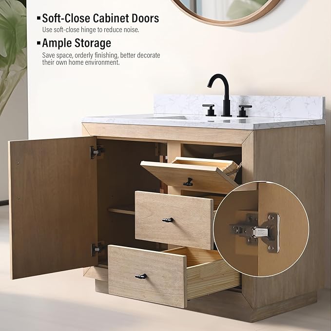 Vanity Art 42" Bathroom Vanity with Sink, Vanity Cabinet with Doors and Shelf, Modern Wood Bathroom Vanity with White Marble Top, Solid Wood Frame, 2 Right Functioning Shaker Drawer,VA70-42-LW-E