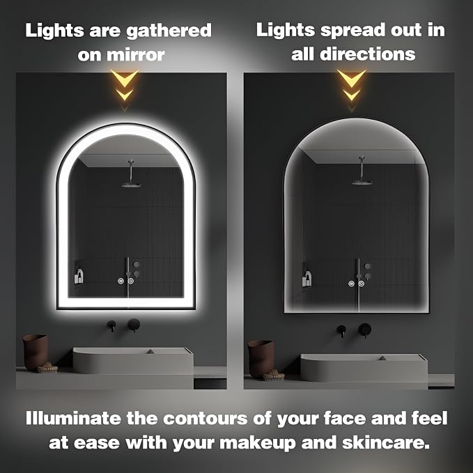 Arched LED Bathroom Mirror, 32"x20" Arch Backlit Vanity Mirror with Lights, Frontlit, Dimmable, 3 Colors, Memory Function, Anti-Fog Smart Mirror, Black Frame, Shatterproof, UL Listed