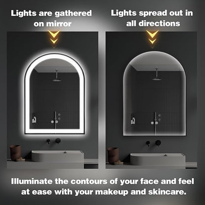 Arched LED Bathroom Mirror, 32"x20" Arch Backlit Vanity Mirror with Lights, Frontlit, Dimmable, 3 Colors, Memory Function, Anti-Fog Smart Mirror, Black Frame, Shatterproof, UL Listed