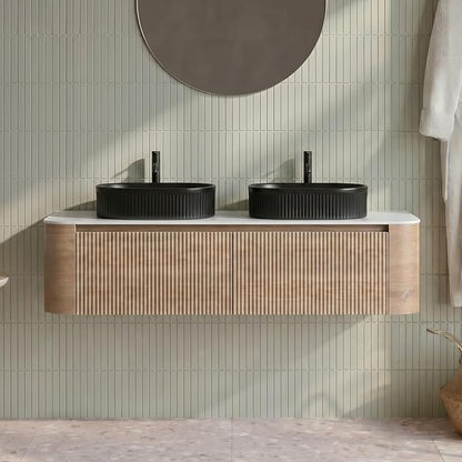 60" Preassembled Double Floating Bathroom Vanity with Black Sink, Oak | Mid-Century Modern Style, Fluted & Soft-Close Drawer with U-shaped Wall, Sinterted Stone Countertop, Towel Rack Included