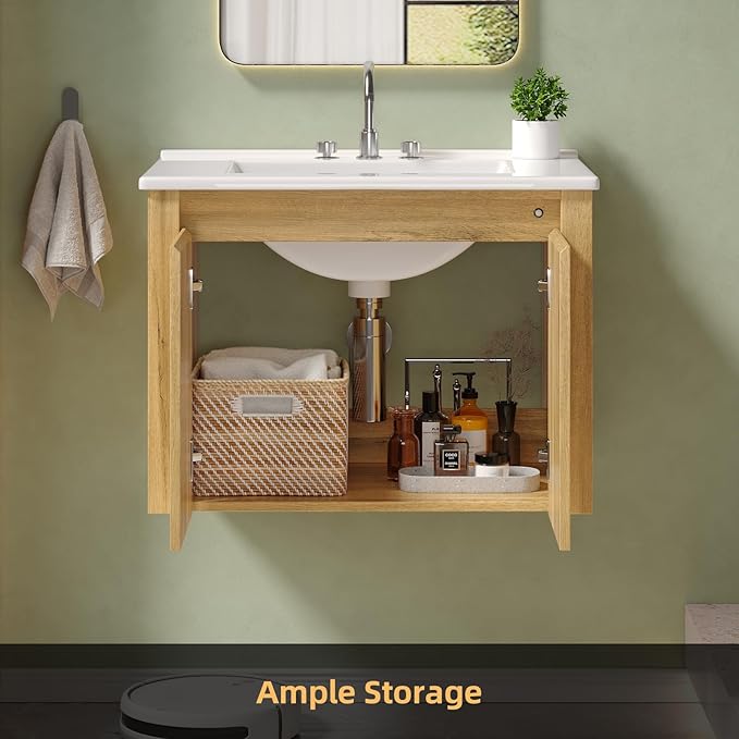 ONBRILL Farmhouse Bathroom Vanity, Floating Bathroom Vanities with Auto Motion Sensor LED Light, 3 Hole Integrated Ceramic Basin & Soft Closing Doors for Small Space, Hotel (24",Oak)