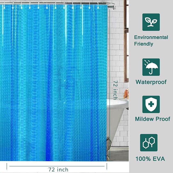 Blue Shower Curtain Liner, 100% Waterproof EVA 3D Shower Curtains with 3 Duty Heavy Bottom Magnets and 12 Rust Proof Grommets, 72x72 Weighted Shower Liner for Shower Stall, Bathtubs