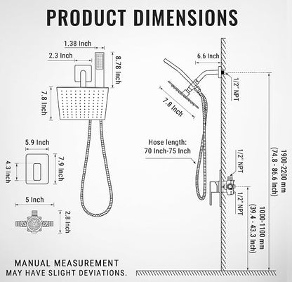 G-Promise Rain Shower Head and Handle Set for Modern Bathroom Upgrade | All Metal, Built to Last, Including the Required Accessories, Modern Upgrade, Extra Flexible Long Lose